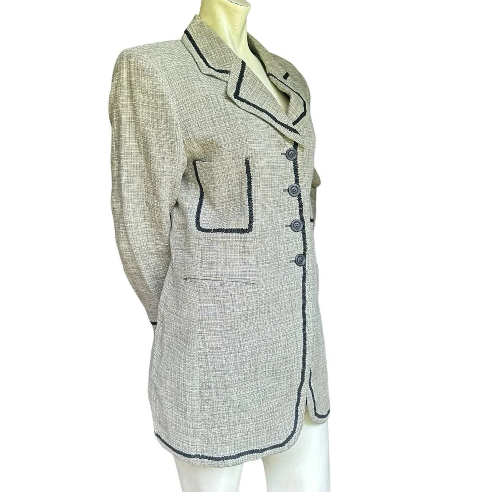 Vintage Byblos Made in Italy Linen Blend Black & Gray Fabric Trim Blazer IT 48